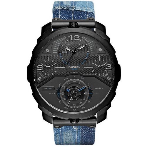 Men'S Diesel Machinus Blue Denim 4 Time Zone Oversized Watch